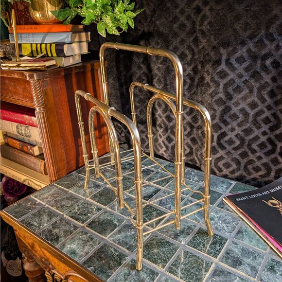 Vintage MCM Polished Brass Faux Bamboo Magazine Rack or Blanket Wood Book Holder - Picture 3 of 8